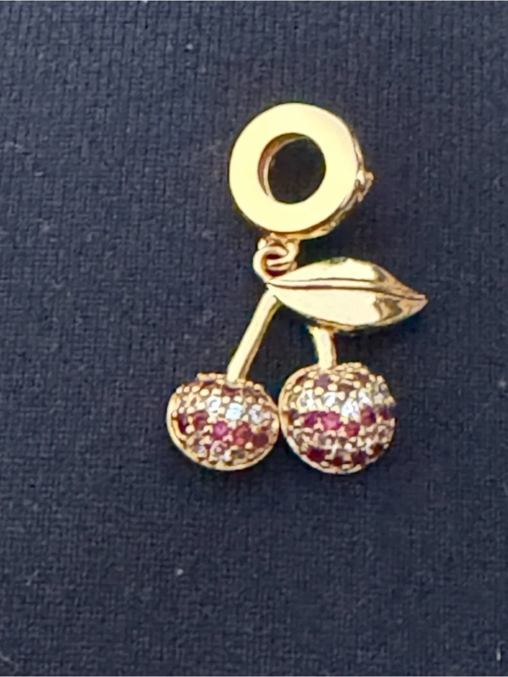 Gold Cherry Dangle Charm with Pink Crystal Accents